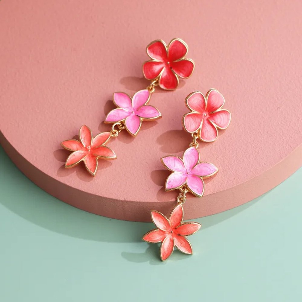 Three Tier Pink Floral Flower Drip Oil Enamel Drop Earrings NEW